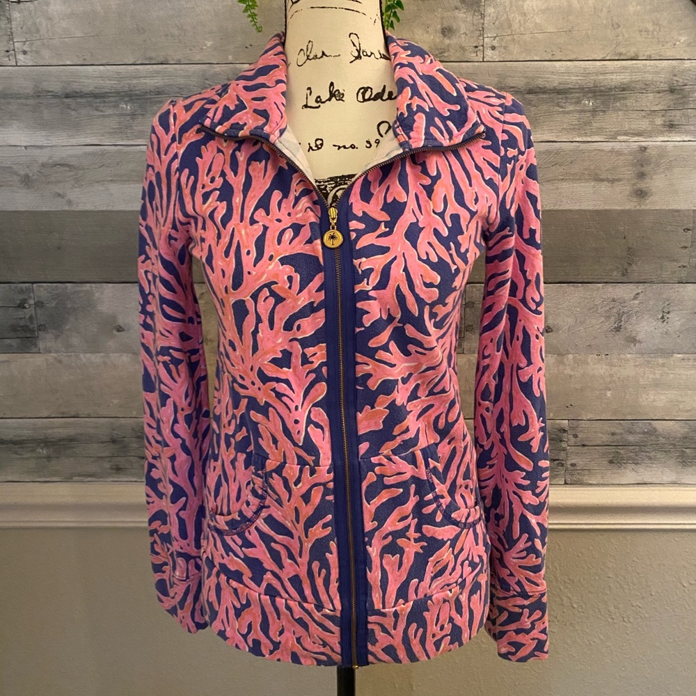 Lilly Pulitzer Pink and Blue Fitted Polo Sweatshirt Sz s